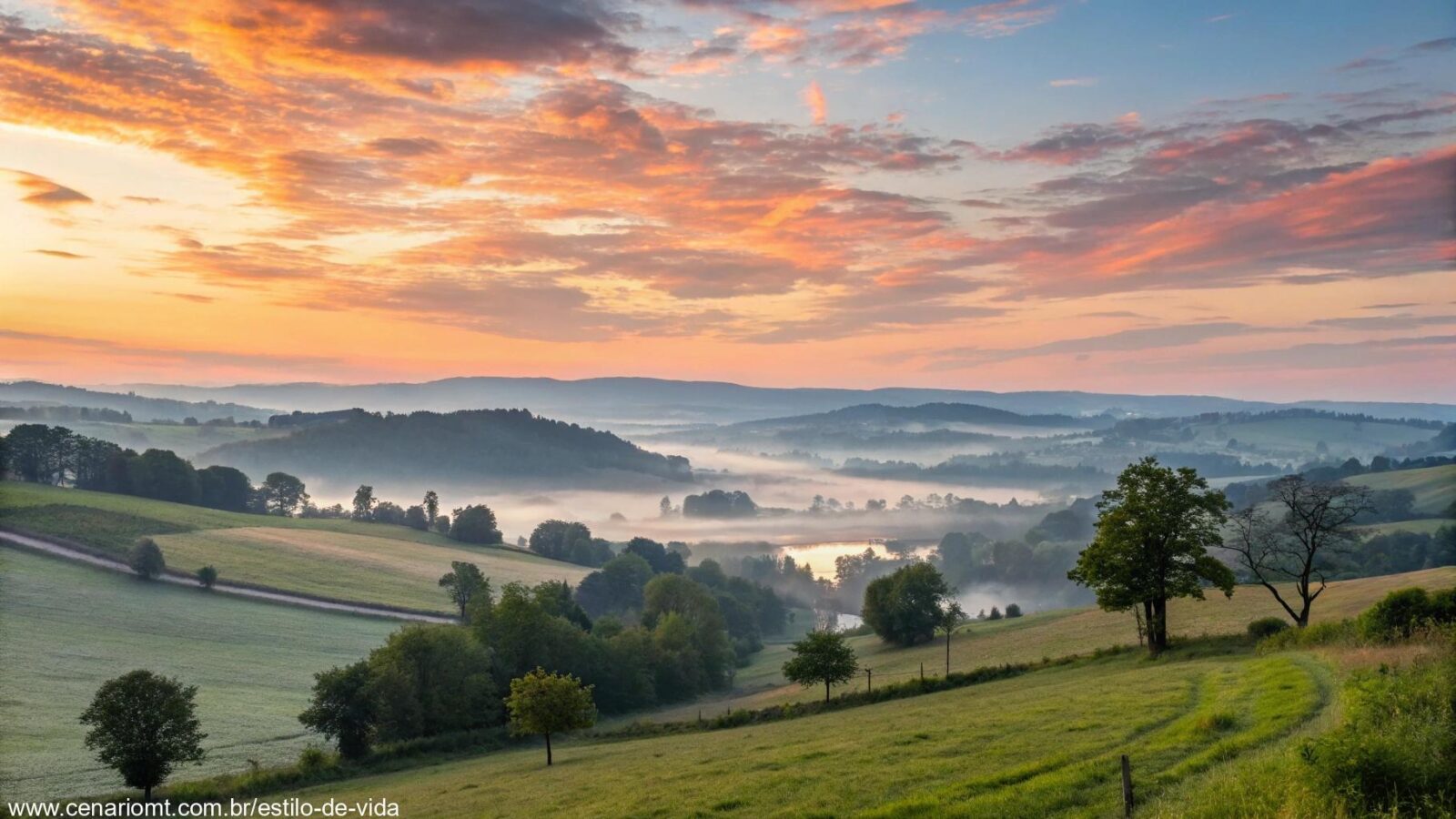 Uma paisagem tranquila ao amanhecer no campo, com cores vibrantes e nuvens suaves, representando a mensagem do dia na quarta-feira, 26 de março de 2025.