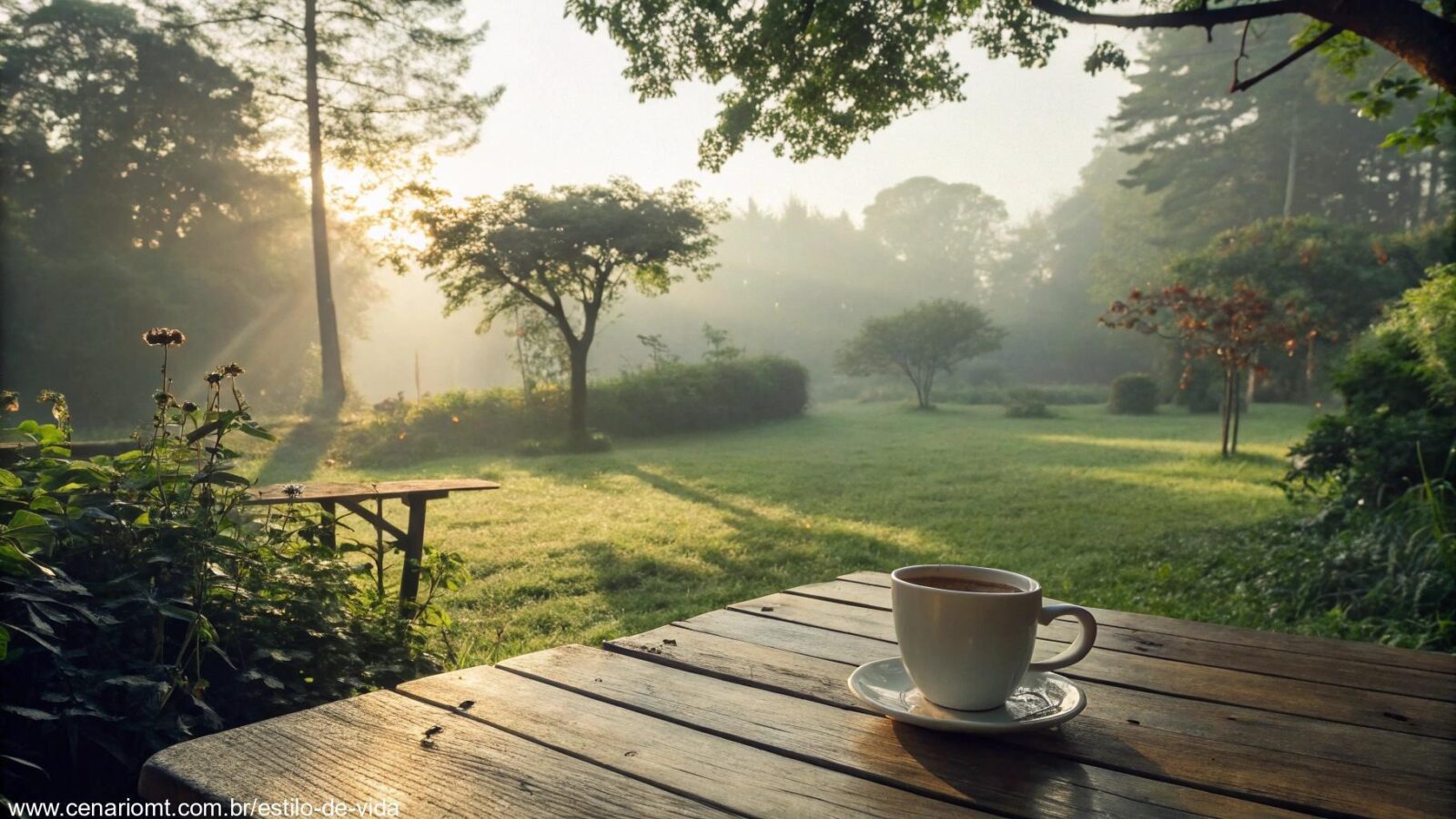 Cena tranquila de manhã com luz suave filtrando pelas árvores e uma xícara de café em uma mesa de madeira.