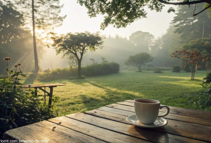 Cena tranquila de manhã com luz suave filtrando pelas árvores e uma xícara de café em uma mesa de madeira.