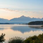 Paisagem serena e pacífica com um lago calmo, luz suave do sol e montanhas ao fundo
