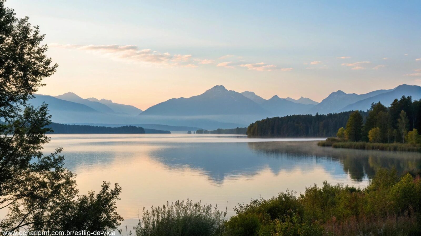 Paisagem serena e pacífica com um lago calmo, luz suave do sol e montanhas ao fundo