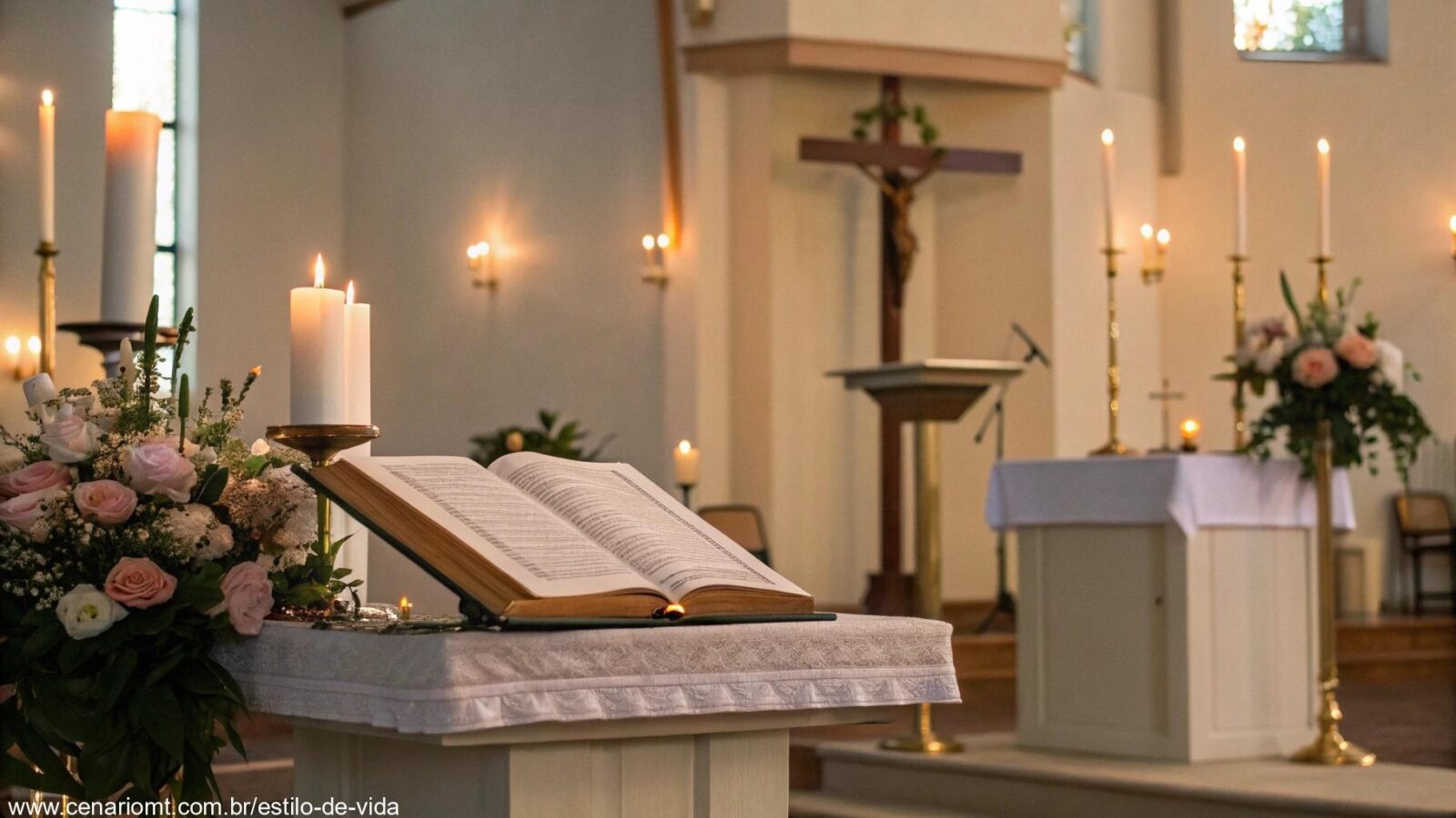 Imagem de um altar sereno com iluminação suave, uma Bíblia aberta em um púlpito e uma atmosfera tranquila, simbolizando uma reflexão religiosa para o dia.