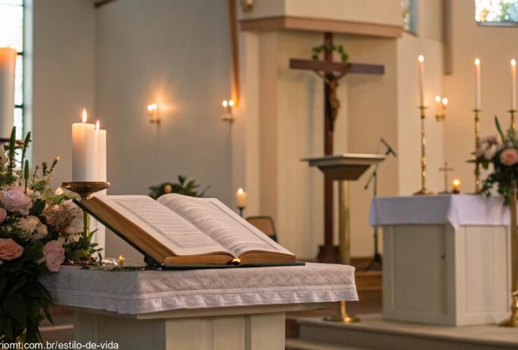 Imagem de um altar sereno com iluminação suave, uma Bíblia aberta em um púlpito e uma atmosfera tranquila, simbolizando uma reflexão religiosa para o dia.