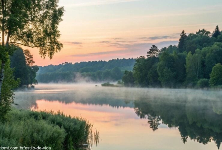 Paisagem serena ao nascer do sol com um lago calmo refletindo as cores suaves do céu, cercado por árvores verdes exuberantes e uma névoa suave subindo da água
