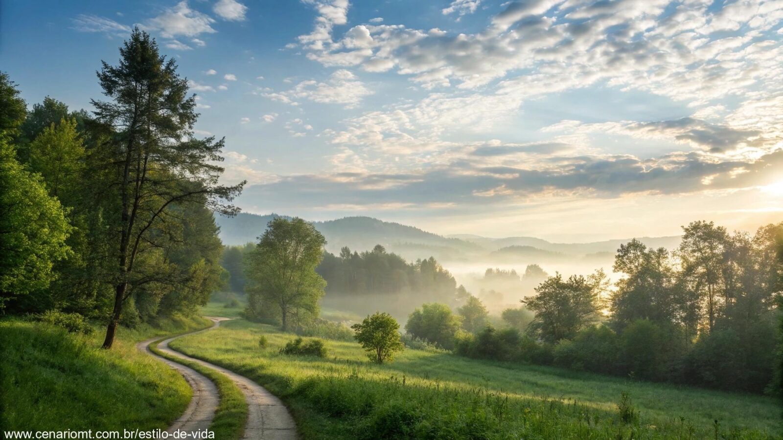 Paisagem tranquila de manhã com luz suave filtrando pelas árvores