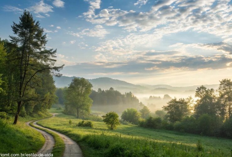 Paisagem tranquila de manhã com luz suave filtrando pelas árvores