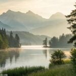 Uma paisagem tranquila de um lago calmo cercado por montanhas, com a luz suave da manhã filtrando pelas árvores, evocando uma sensação de tranquilidade e um novo começo para a semana.