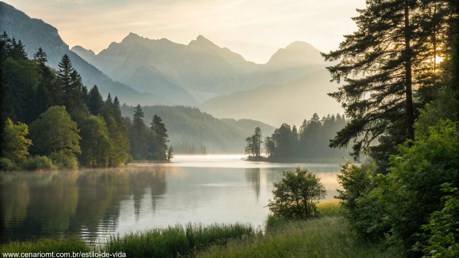 Uma paisagem tranquila de um lago calmo cercado por montanhas, com a luz suave da manhã filtrando pelas árvores, evocando uma sensação de tranquilidade e um novo começo para a semana.