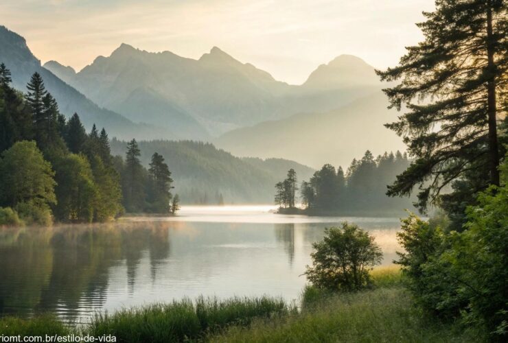 Uma paisagem tranquila de um lago calmo cercado por montanhas, com a luz suave da manhã filtrando pelas árvores, evocando uma sensação de tranquilidade e um novo começo para a semana.