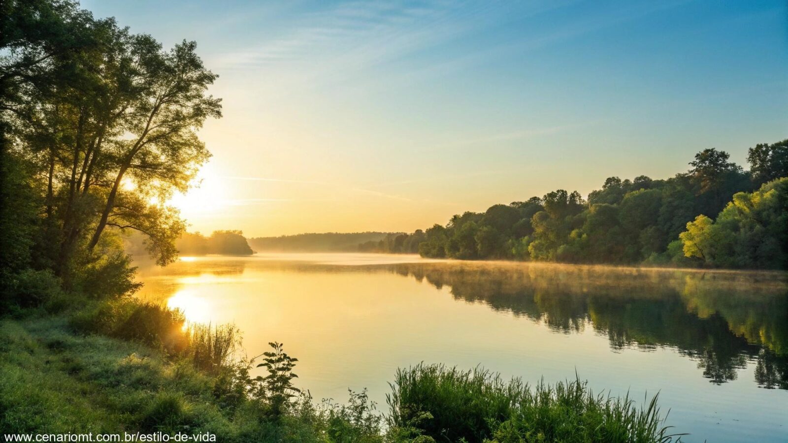 Um nascer do sol sereno sobre um lago calmo com luz dourada refletindo na água, cercado por árvores verdes exuberantes e um céu azul claro