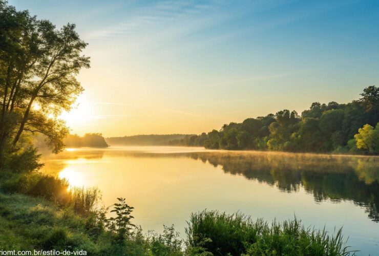 Um nascer do sol sereno sobre um lago calmo com luz dourada refletindo na água, cercado por árvores verdes exuberantes e um céu azul claro