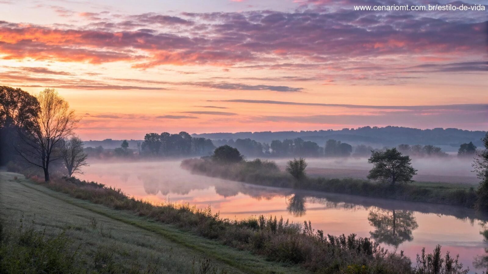 Imagem de um amanhecer tranquilo sobre uma paisagem calma, simbolizando um novo começo para o dia.