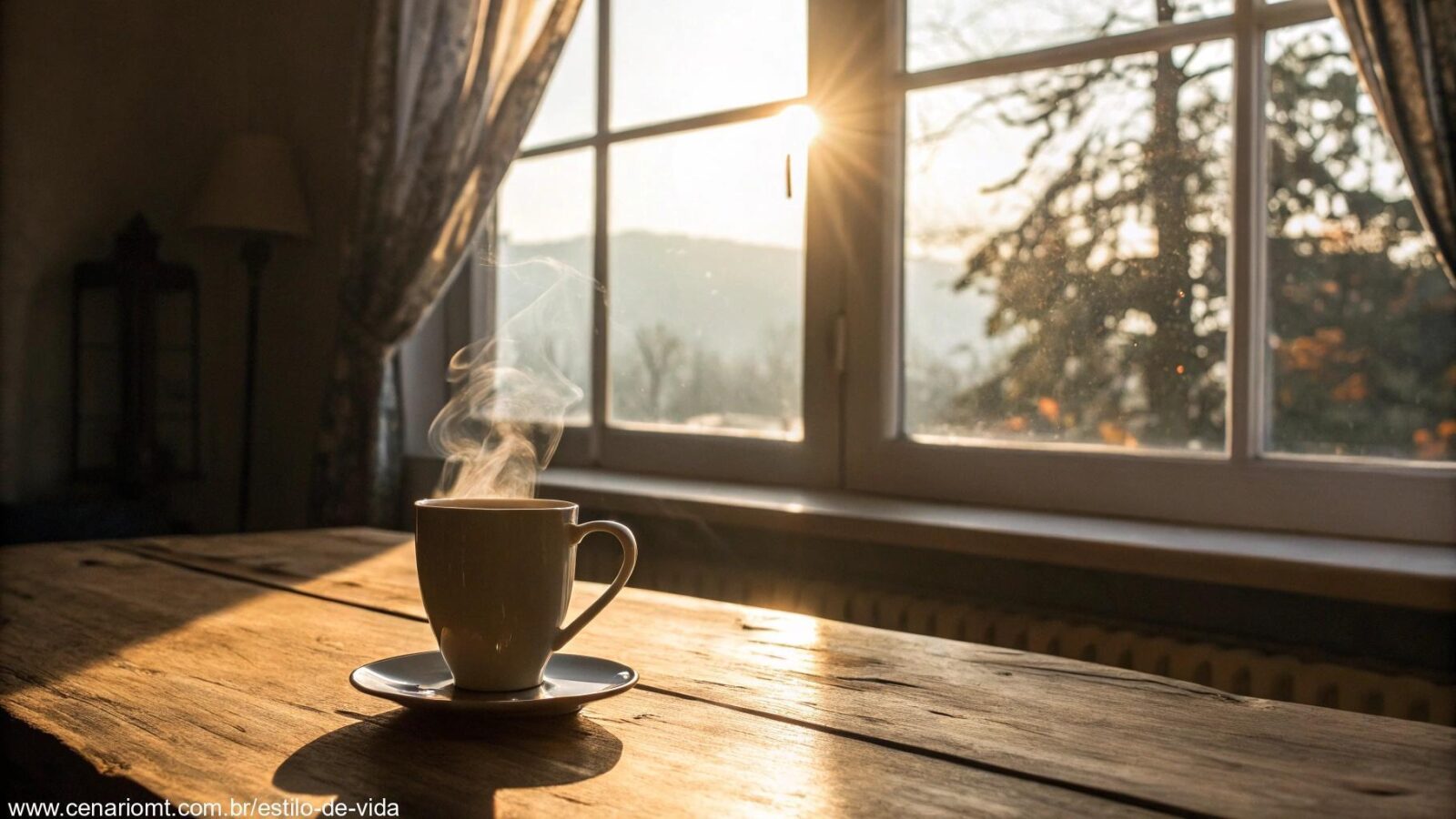 Cena tranquila de manhã, com a luz suave do sol filtrando pela janela e uma xícara de café sobre uma mesa de madeira.