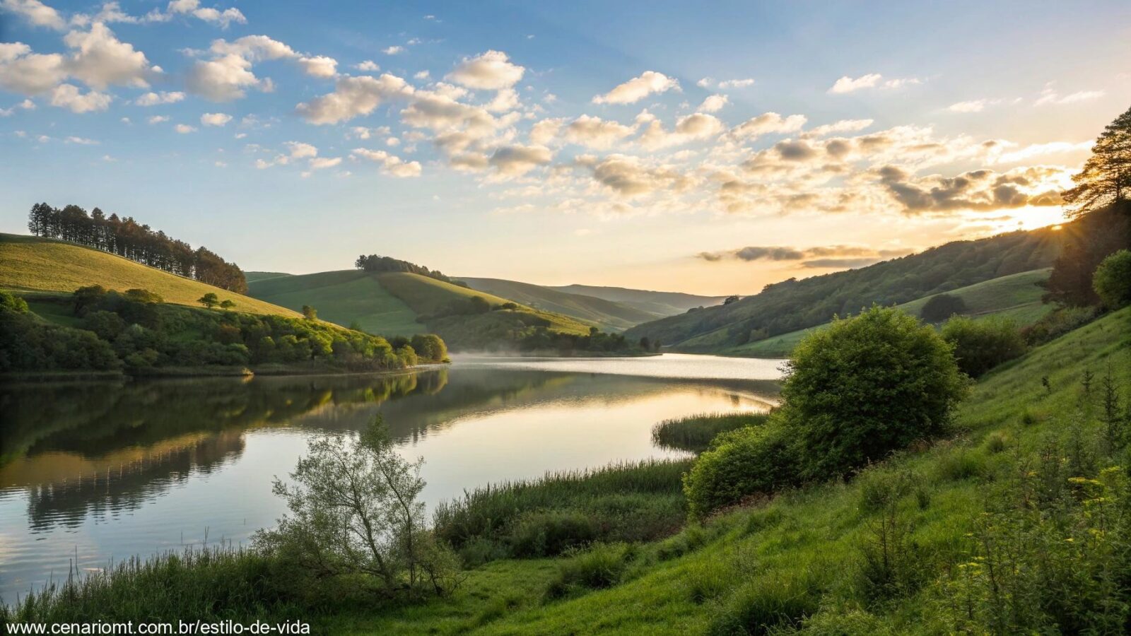 Paisagem serena ao amanhecer, com luz suave iluminando um lago calmo cercado por colinas verdes.