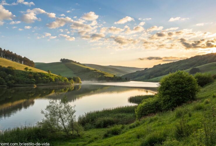 Paisagem serena ao amanhecer, com luz suave iluminando um lago calmo cercado por colinas verdes.