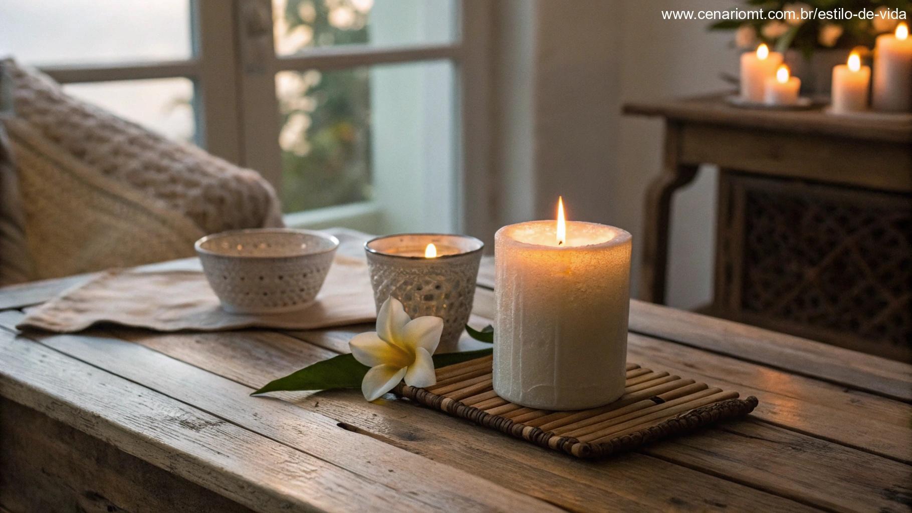 Ambiente aconchegante com vela acesa e uma carta escrita à mão sobre uma mesa de madeira.