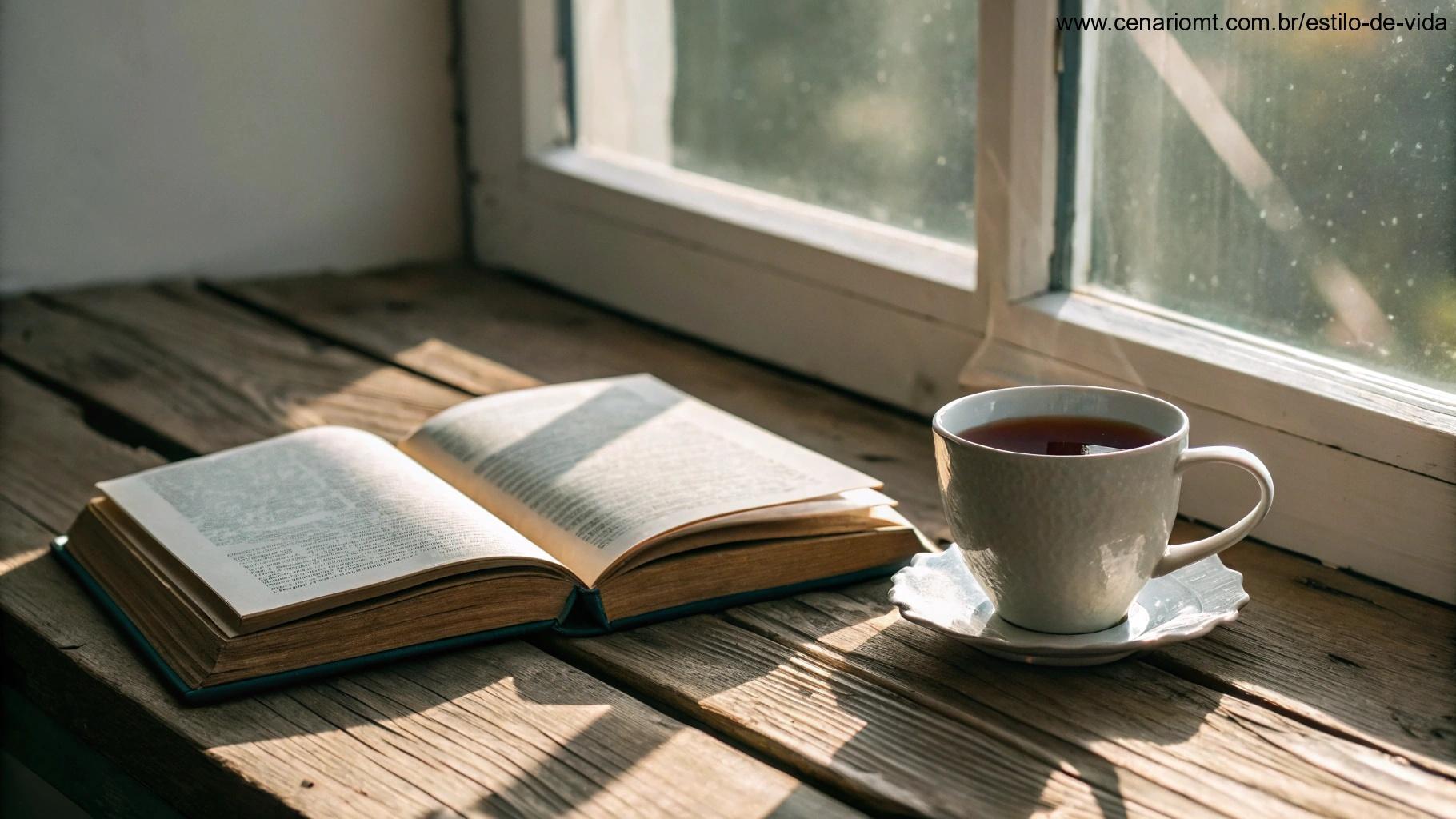 Imagem tranquila e inspiradora de uma bíblia aberta com uma xícara de chá ao lado, colocada sobre uma mesa de madeira perto de uma janela com luz suave do sol entrando, transmitindo uma mensagem de esperança e fé para quinta-feira.