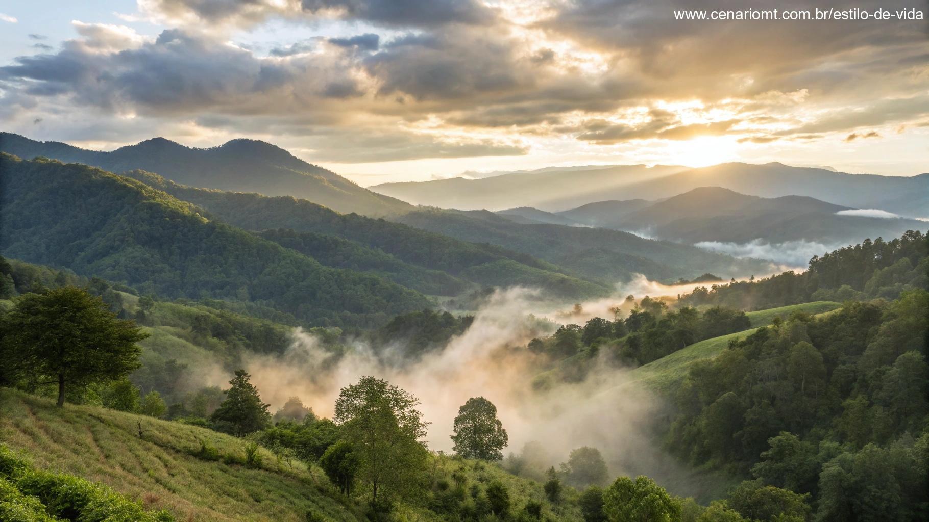 Uma paisagem tranquila de montanhas com névoa subindo dos vales, enquanto o sol começa a brilhar através das nuvens.