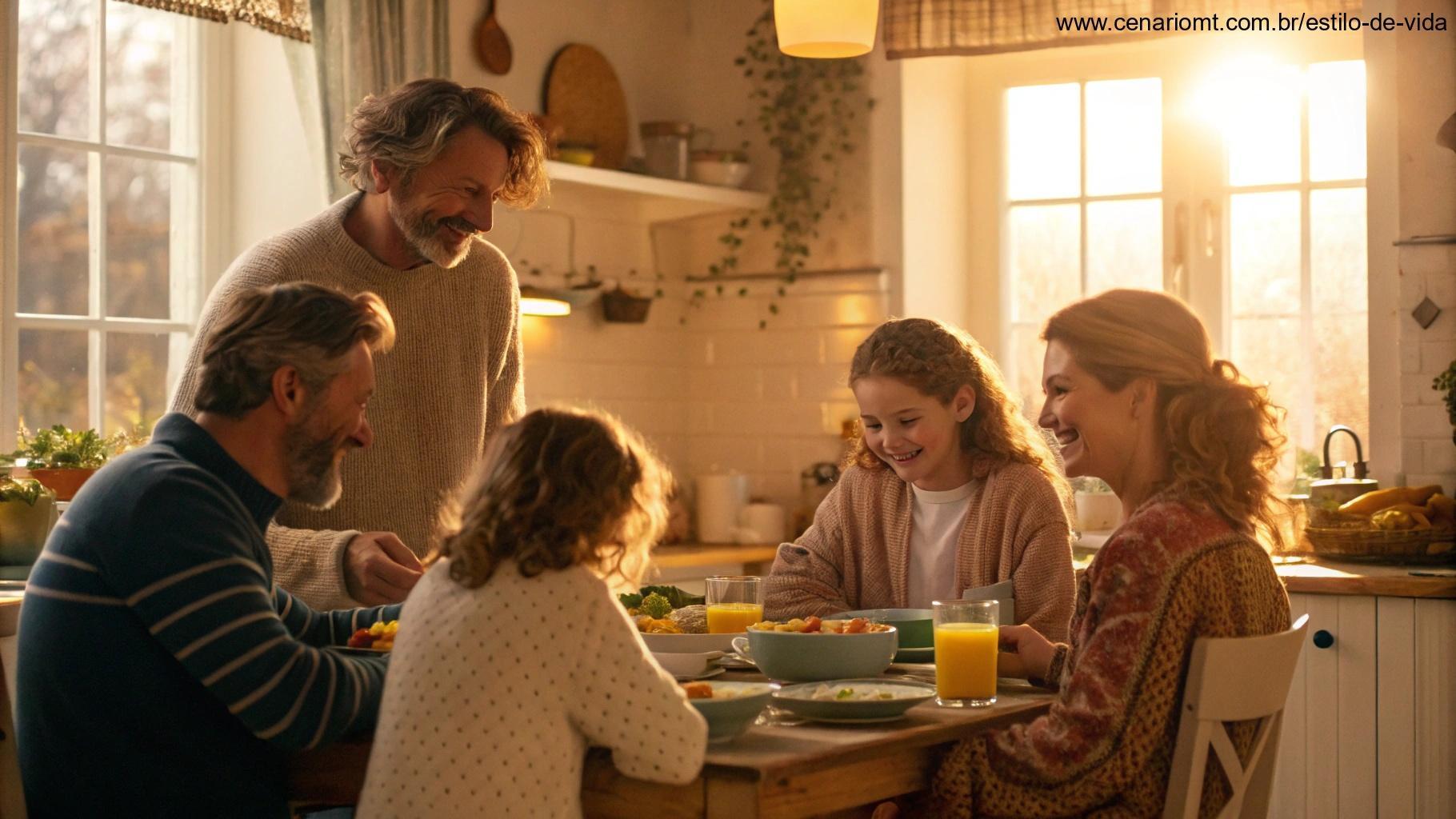 Reunião acolhedora de uma família ao redor de uma mesa de cozinha aconchegante, com luz quente e cores suaves, criando uma sensação de amor e união neste domingo de manhã.