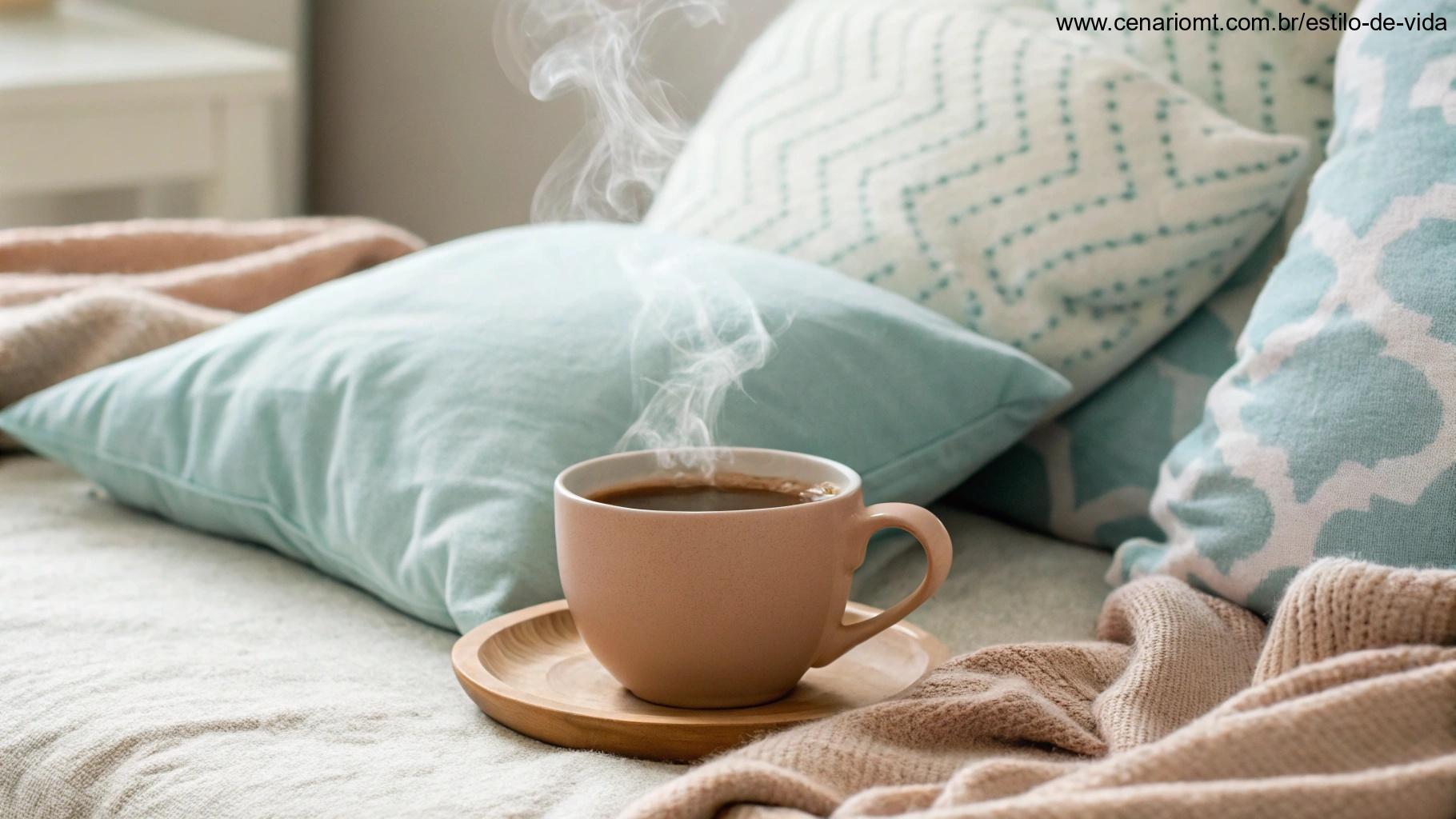 Uma xícara de café quente e acolhedora com vapor subindo, em um ambiente aconchegante, simbolizando carinho e acolhimento.