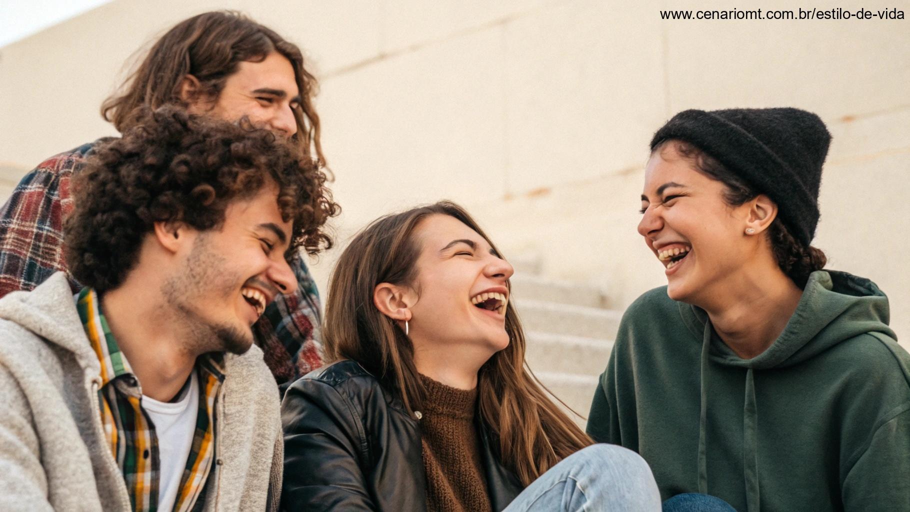 Cena calorosa de amigos rindo e aproveitando a companhia uns dos outros, criando uma sensação de amor e carinho para a quarta-feira.