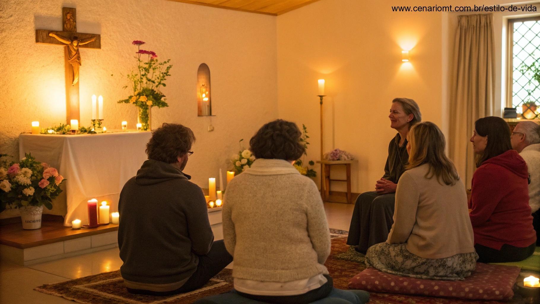 Sala acolhedora com pessoas reunidas, compartilhando palavras inspiradoras.