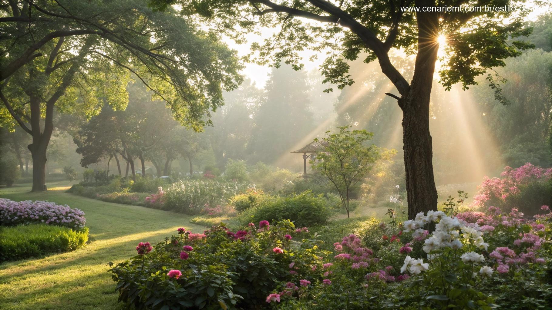 imagem de uma manhã abençoada com luz suave filtrando por árvores e flores