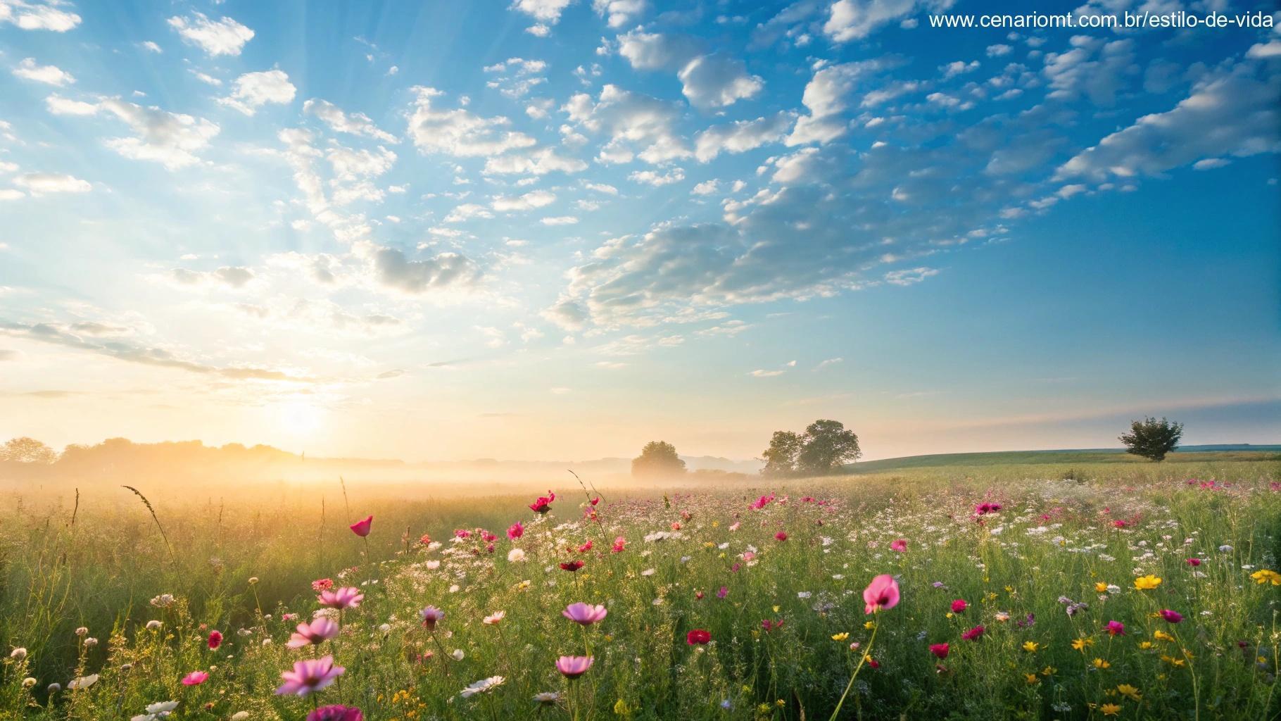 Cena matinal brilhante e alegre com céu azul claro e um campo de flores frescas ao vento.