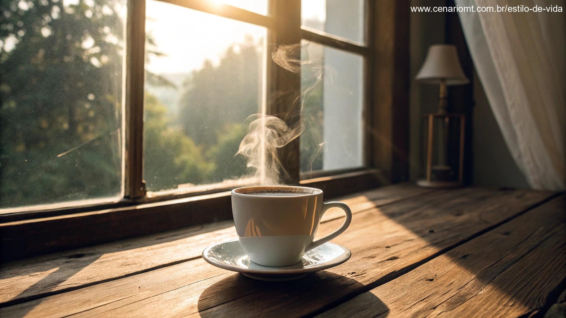 Uma xícara quente de café sobre uma mesa de madeira, com luz do sol entrando pela janela, simbolizando amor e carinho em uma manhã tranquila de terça-feira.