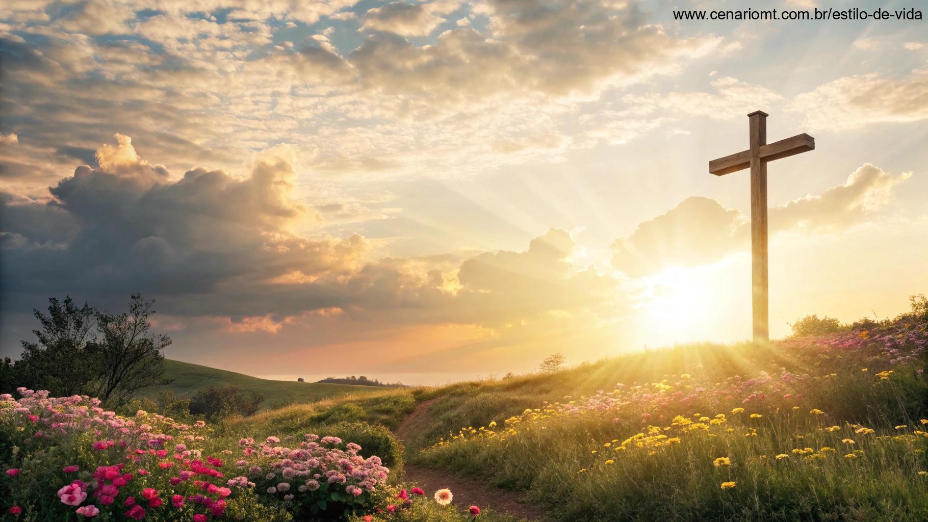 Cruz brilhante no céu ao amanhecer, cercada por nuvens suaves e flores desabrochando.