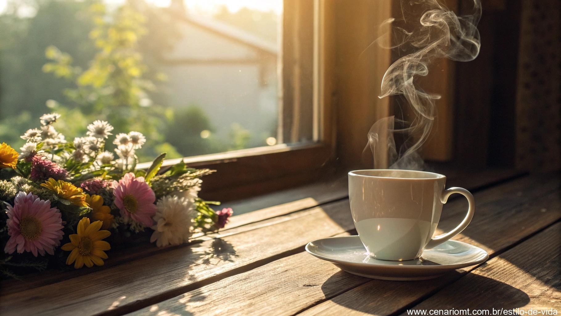 Xícara de café sobre uma mesa de madeira, com vapor subindo, cercada de flores e luz do sol.