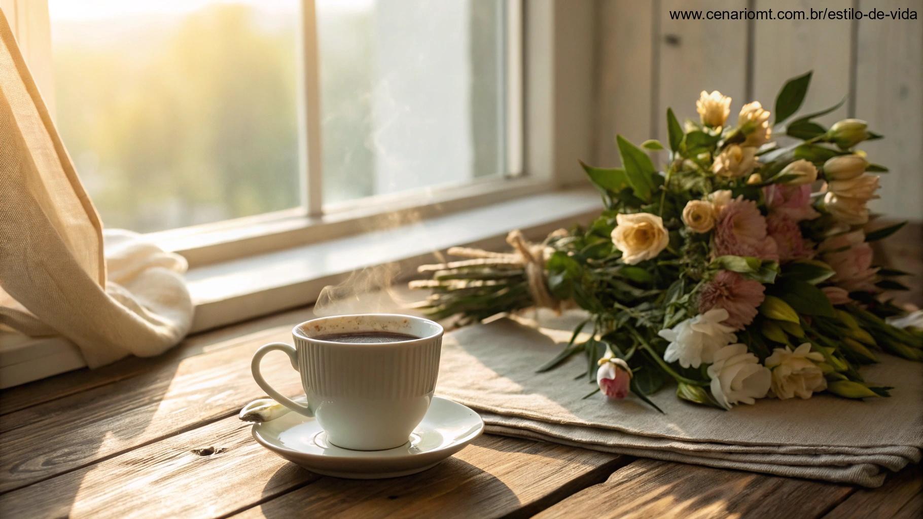 Uma cena aconchegante de manhã com uma xícara de café em uma mesa de madeira, um buquê de flores frescas e a luz suave do sol entrando por uma janela