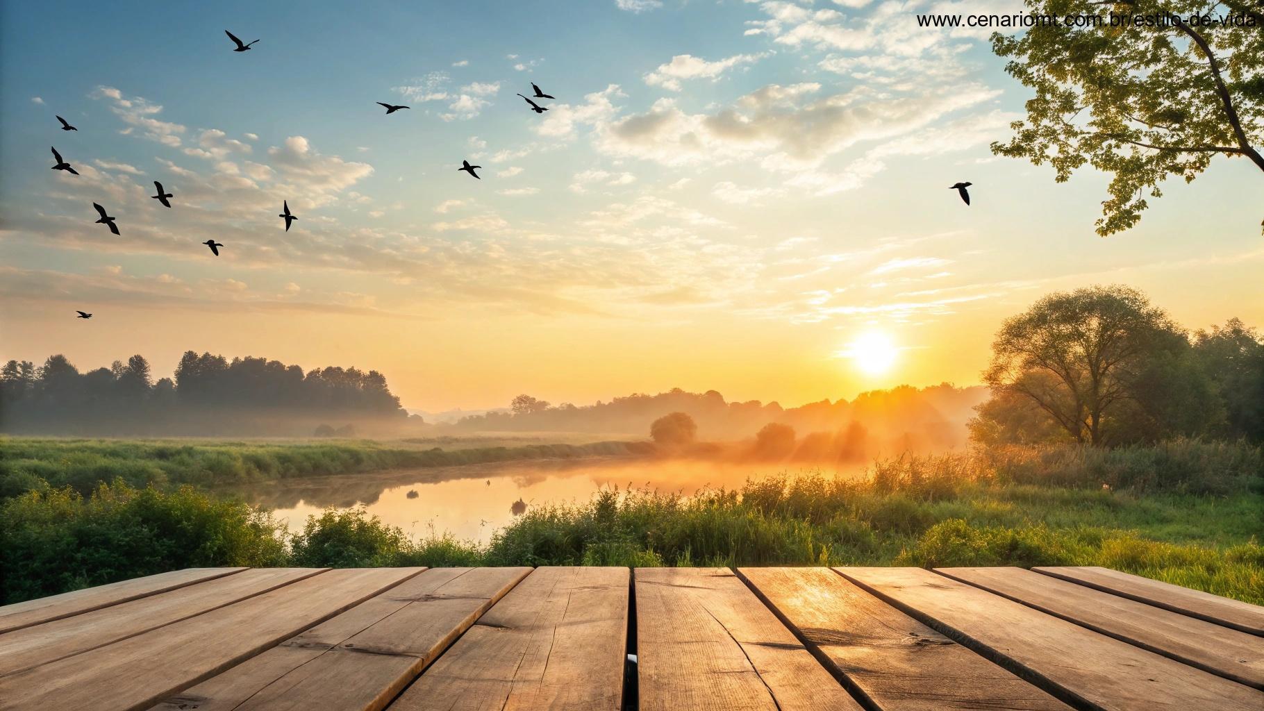 Amanhecer colorido com pássaros no céu e bilhete escrito 'Bom Dia!' sobre uma mesa.