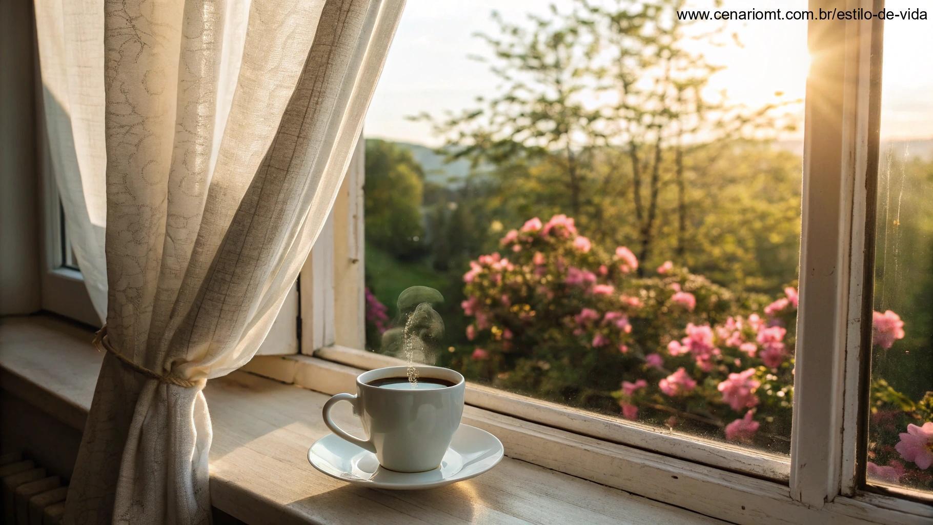 Uma vista aconchegante da janela em uma manhã de domingo, com uma xícara de café quente no parapeito, a luz do sol entrando pelas cortinas e uma cena ao ar livre tranquila com flores desabrochando.