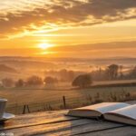 Amanhecer tranquilo no campo com uma xícara de café e um livro aberto.