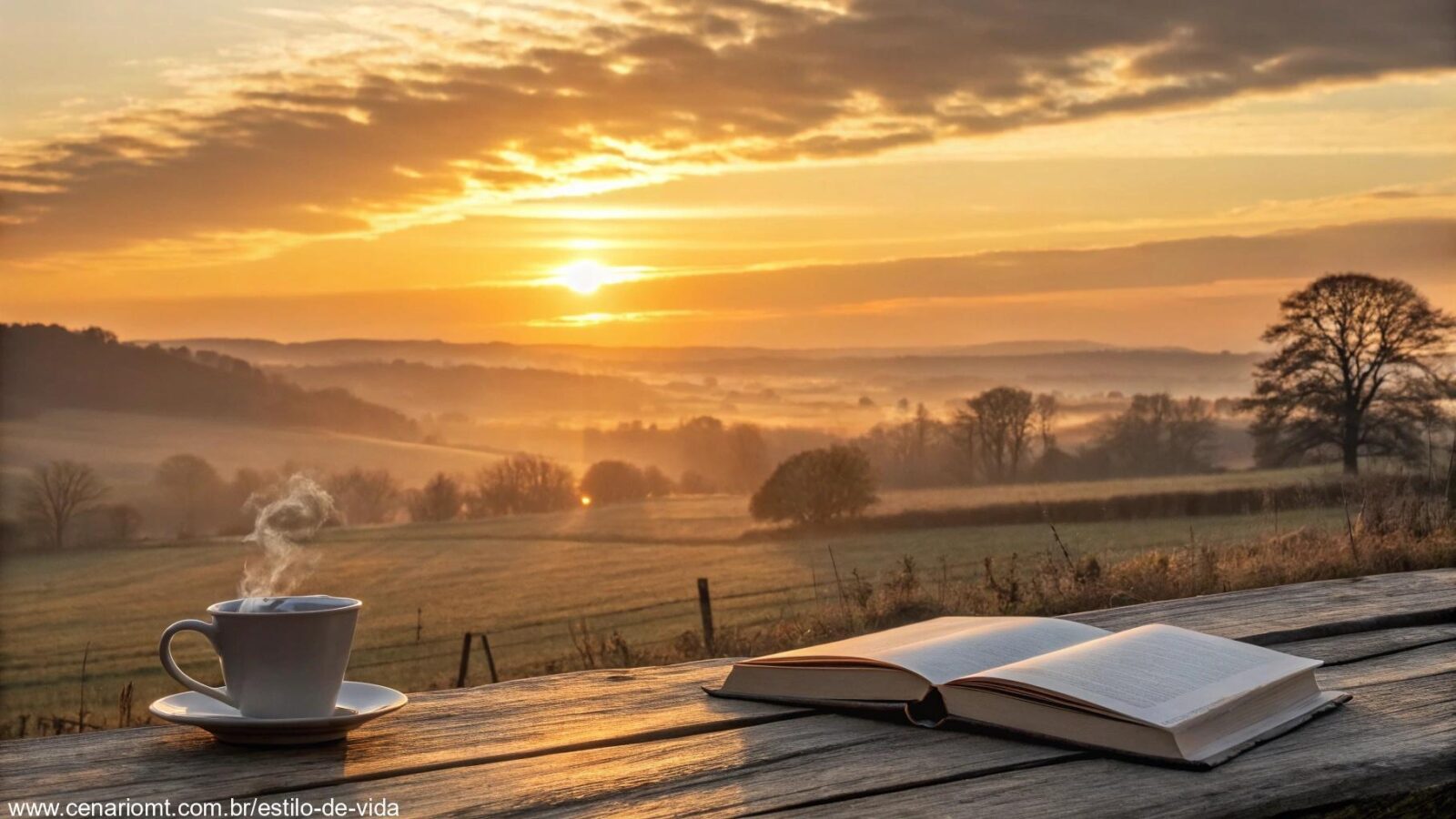 Amanhecer tranquilo no campo com uma xícara de café e um livro aberto.