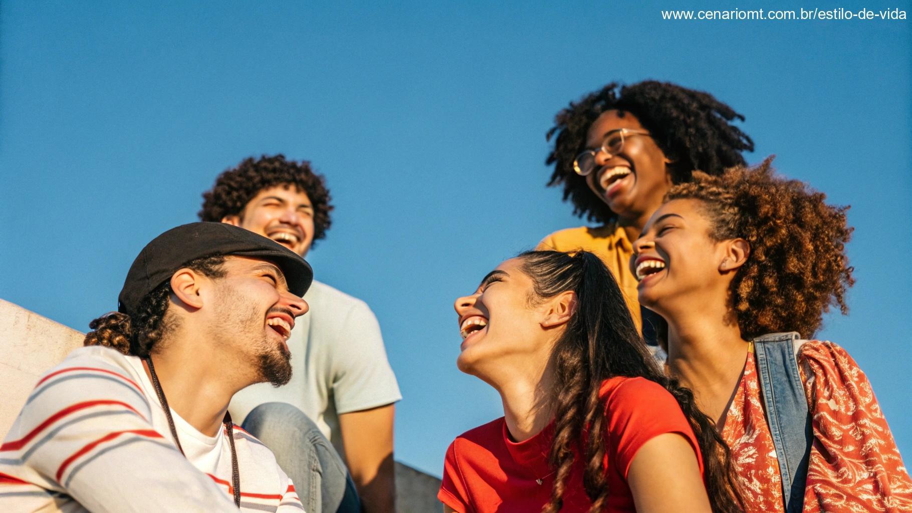 imagem de um grupo de amigos sorrindo e se divertindo ao ar livre, sob o céu azul