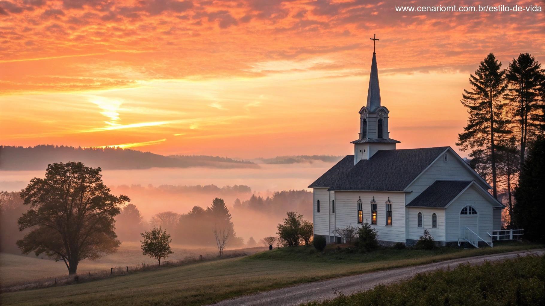 Cena serena e edificante com o nascer do sol sobre uma igreja tranquila, criando uma atmosfera espiritual e tranquila, perfeita para uma mensagem religiosa de esperança e inspiração.