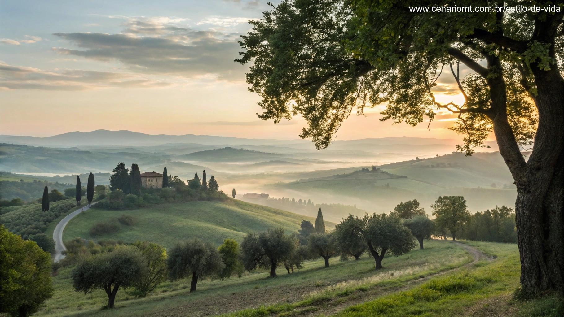 Imagem de uma paisagem tranquila ao amanhecer, com uma luz suave filtrando através das árvores, simbolizando um começo calmo e espiritual para o dia de um grupo religioso.