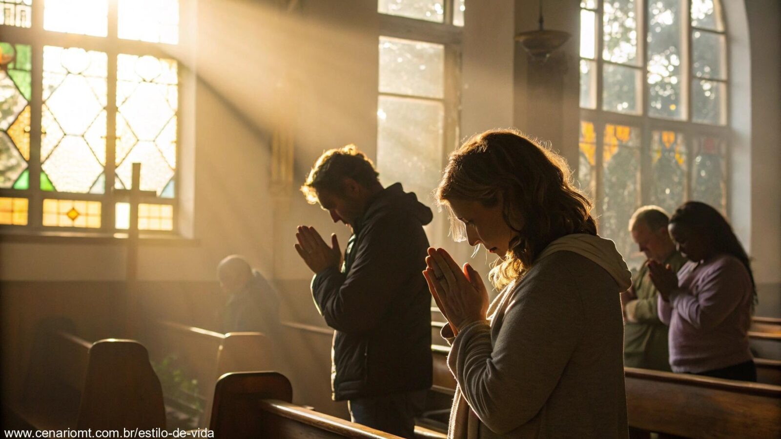 Grupo religioso em oração em uma manhã de domingo iluminada pelo sol.