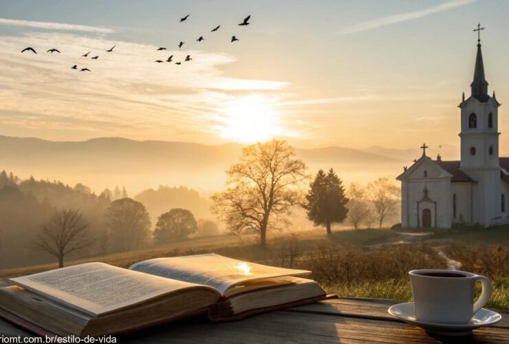Cena serena de manhã com nascer do sol sobre uma bela igreja e uma Bíblia aberta.