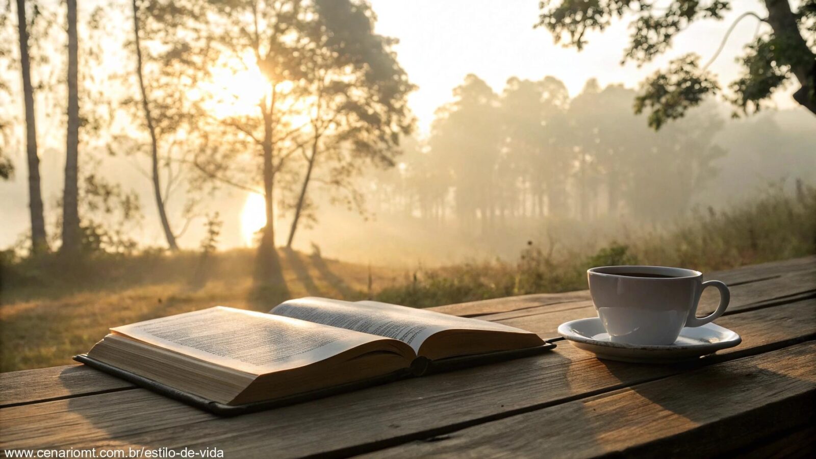 Imagem de uma manhã serena com Bíblia e café, simbolizando bênçãos para sexta-feira, 21/03/2025.