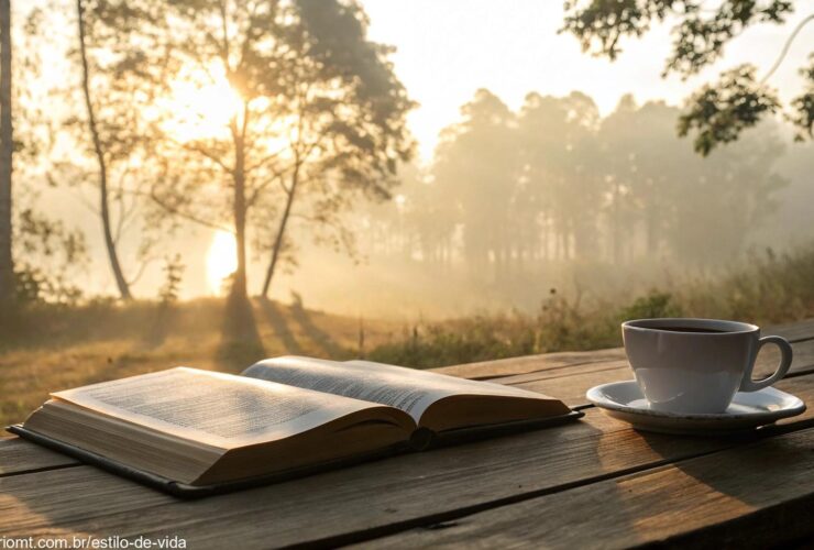 Imagem de uma manhã serena com Bíblia e café, simbolizando bênçãos para sexta-feira, 21/03/2025.