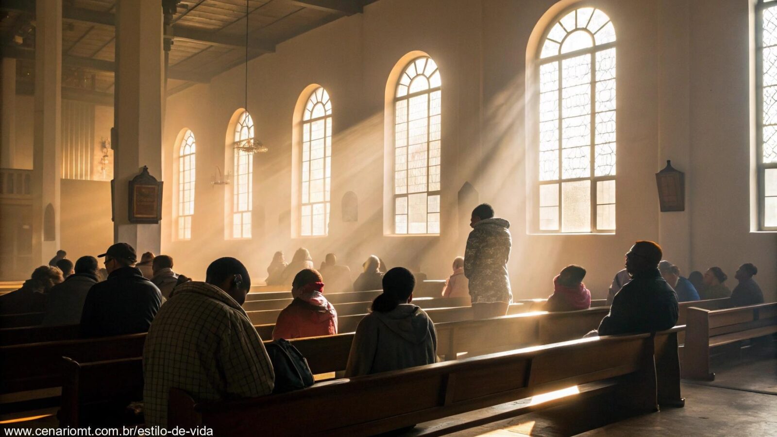 Grupo religioso reunido em oração em uma manhã iluminada pelo sol.