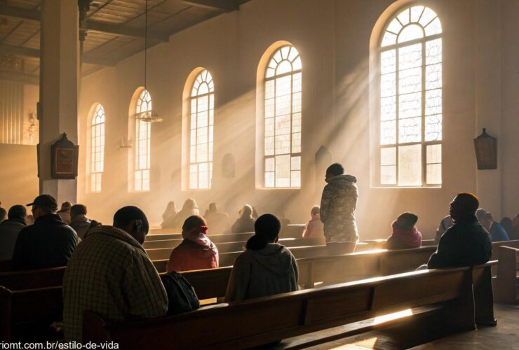 Grupo religioso reunido em oração em uma manhã iluminada pelo sol.