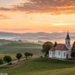 Amanhecer tranquilo sobre uma pequena igreja no campo, com luz dourada suave iluminando a paisagem, simbolizando um sábado abençoado.