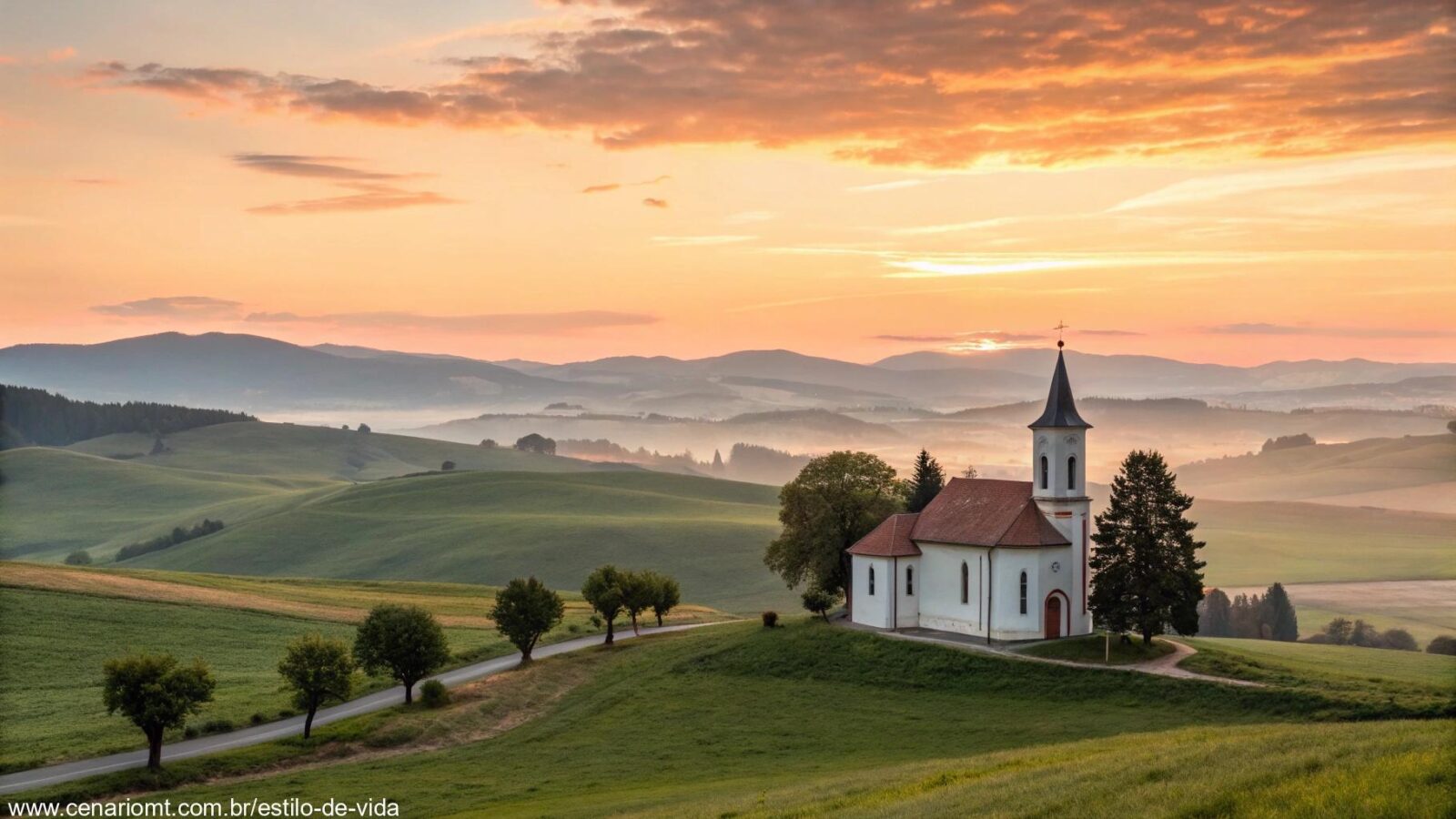 Amanhecer tranquilo sobre uma pequena igreja no campo, com luz dourada suave iluminando a paisagem, simbolizando um sábado abençoado.