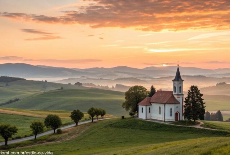 Amanhecer tranquilo sobre uma pequena igreja no campo, com luz dourada suave iluminando a paisagem, simbolizando um sábado abençoado.