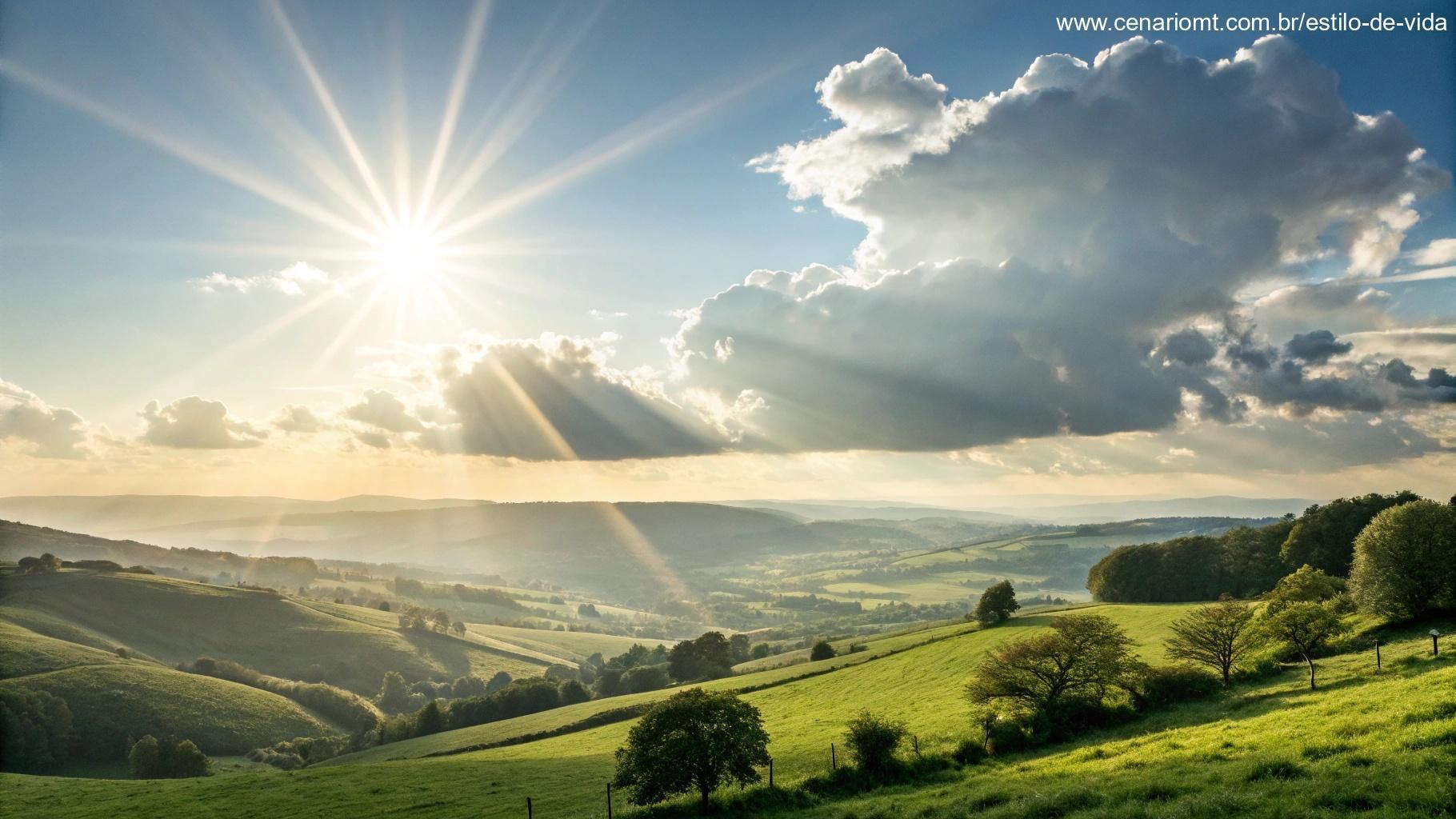 Imagem de um sol brilhante passando por nuvens fofas, sobre uma vista cênica, criando uma vibe positiva para a manhã de domingo.