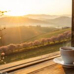 Imagem de um nascer do sol sereno no campo, com raios dourados iluminando a paisagem e uma xícara de café sobre uma mesa de madeira.
